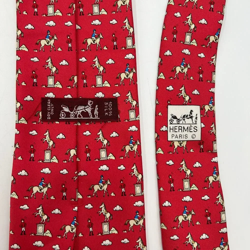 Hermes Silk Tie Equestrian Riders Print Red